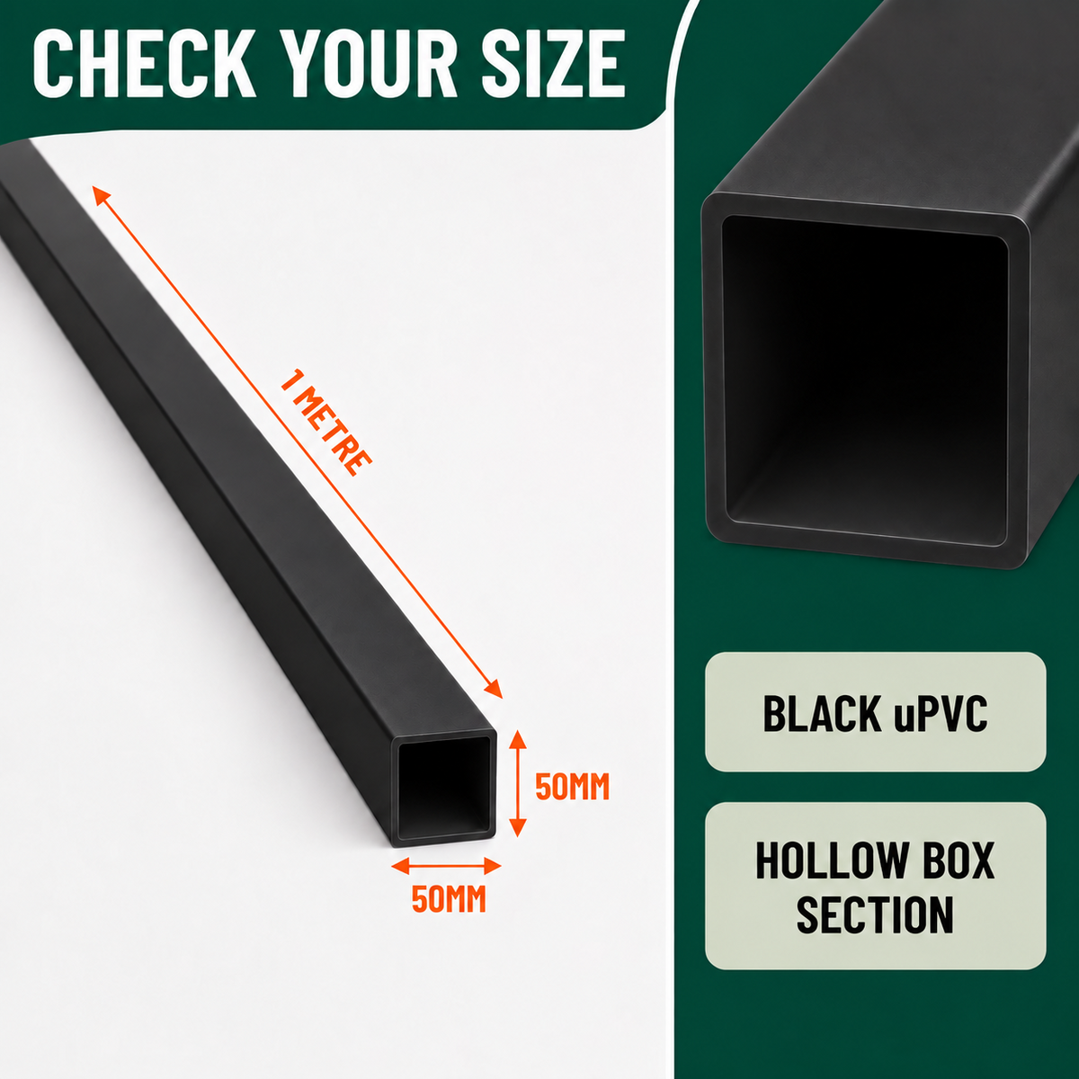 50mm Black PVC Box Section 1 Metre Length