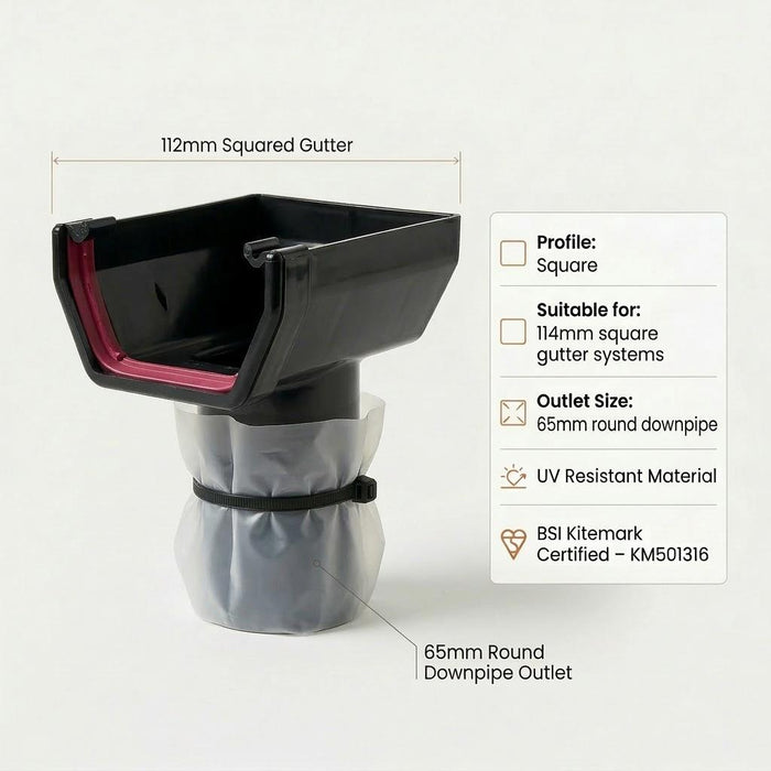 Black 5m Squared Gutter Stop End Outlet Kit 114mm