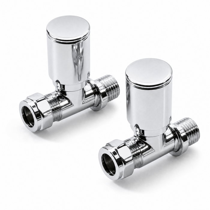 2 x Kartell Chrome Radiator Valves Straight Pair 15mm Manual Control - Brass Radiator Valve Set for Central Heating Floor Pipes - Contemporary Chrome Finish - Complete Twin Pack UK Standard
