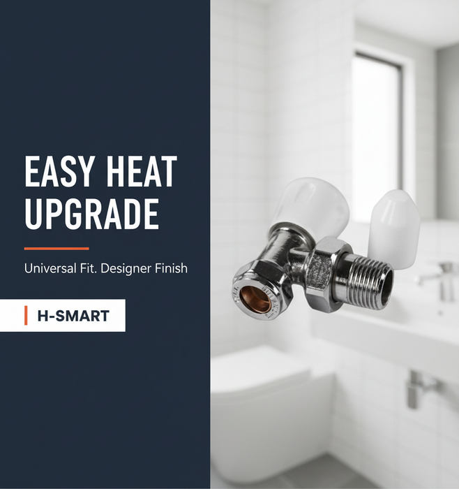 Kartell Angled Radiator Valves Pair — Chrome with White Handles, 15mm Thermostatic TRV & Lockshield Set, Universal Fit UK Standard Radiators, Easy-Install Designer Finish for Bathroom & Home Heating