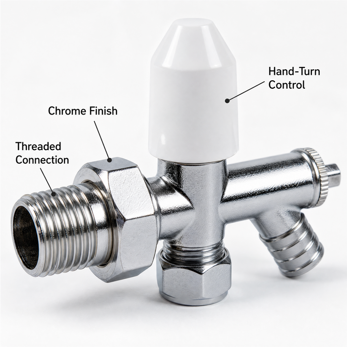 4 x 10mm Drain Off Valve Chrome - 1/2" BSP Radiator Drain Cock with White Handle & Hose Tail