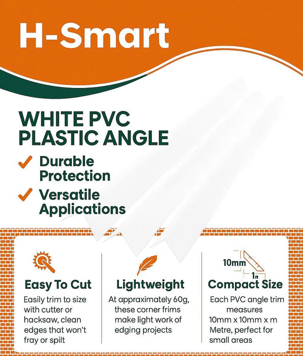 3 Pack - White Rigid Angle Trim - 10mm x 10mm x 1 Metre - PVC Corner Protector