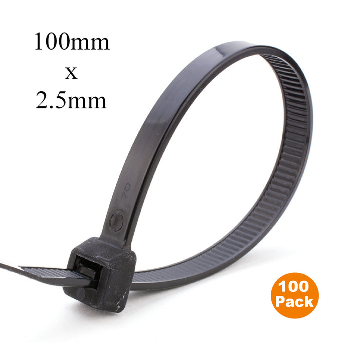 100 x Black Cable Ties 100mm x 2.5mm / Zip Ties