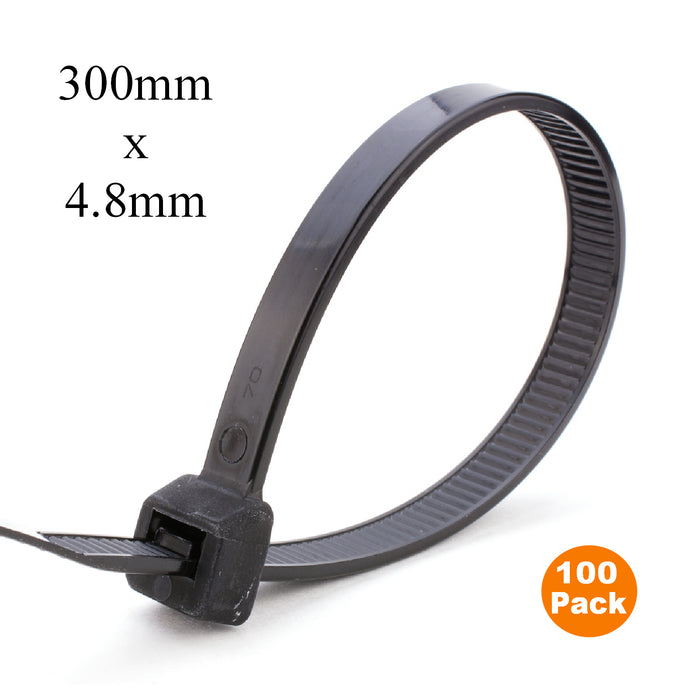 100 x Black Cable Ties 300mm x 4.8mm / Zip Ties