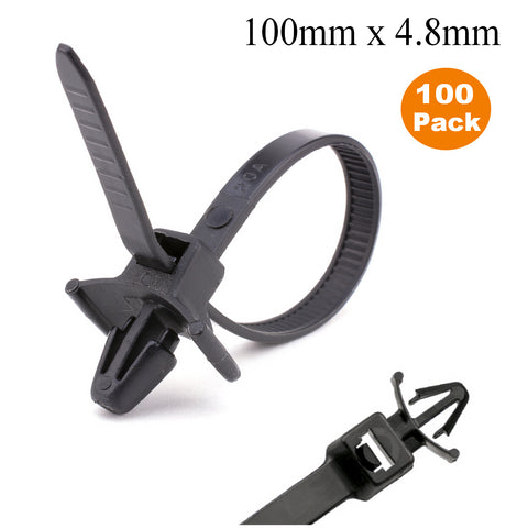 100 x Black Push Mount Winged Cable Ties 100mm x 4.8mm