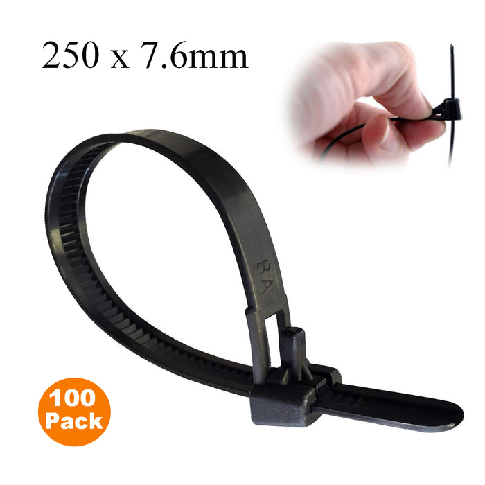 100 x Black Releasable Cable TiesSize:  250 x 7.6mm