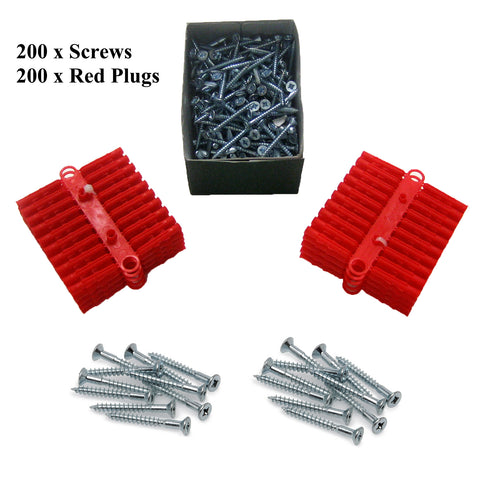 200 x Pozi Screws 40mm <br> 200 x Red Raw Wall Plugs<br><br>