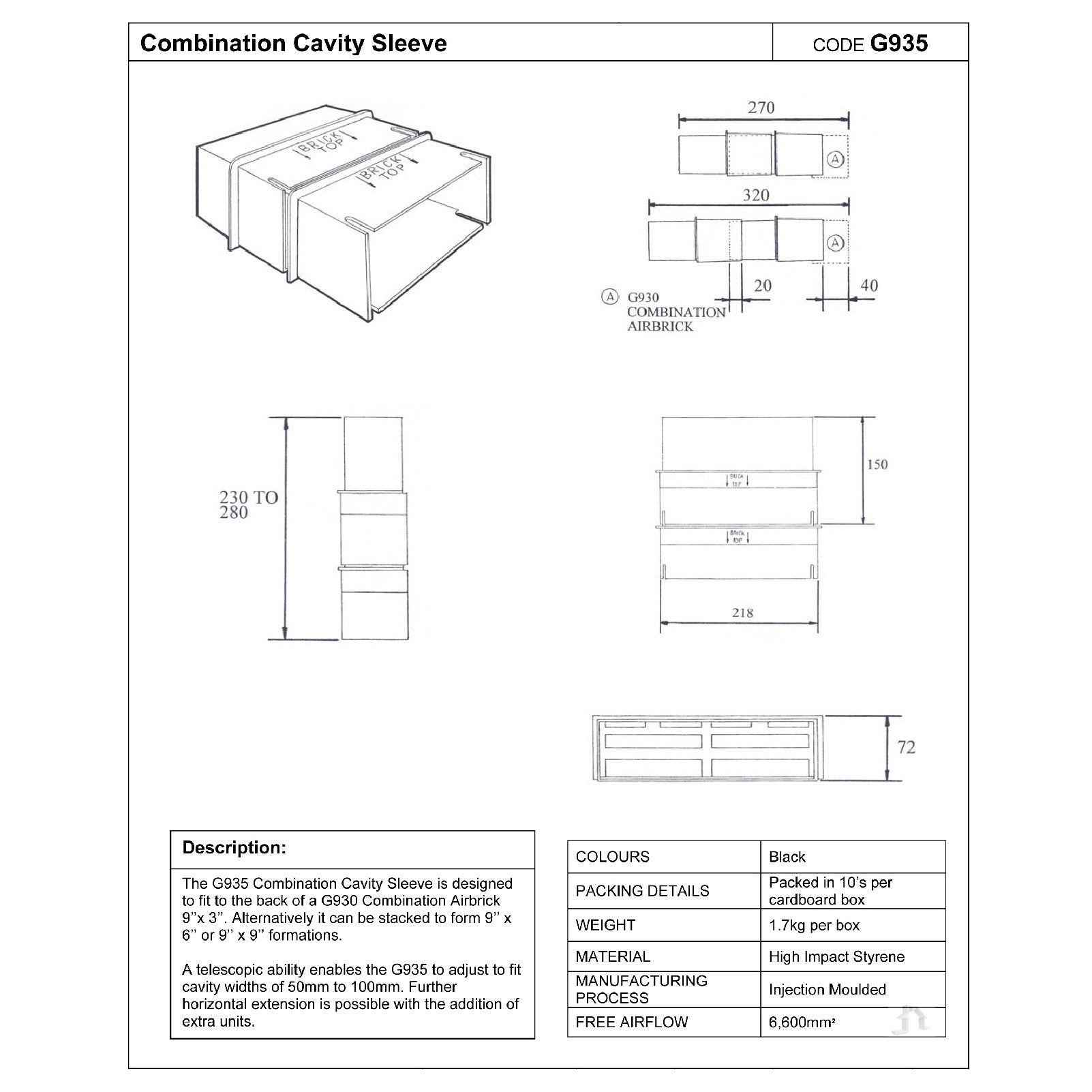 9" x 6" Manthorpe Extendable Combination Cavity Wall Sleeve Vent