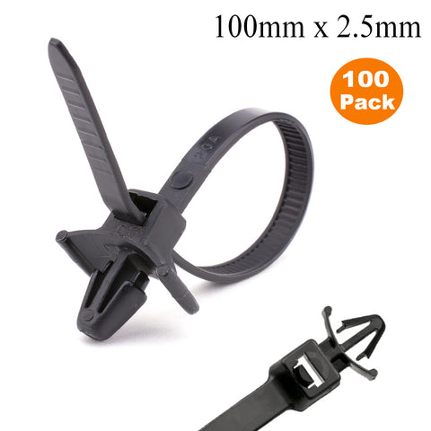 100 x Black Push Mount Winged Cable Ties 100mm x 2.5mm