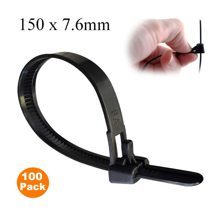 100 x Black Releasable Cable Ties Size: 150 x 7.6mm