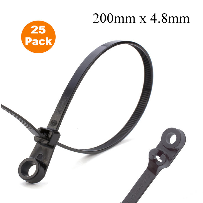 25 x Black Screw Mount Cable Ties 200mm x 4.8mm