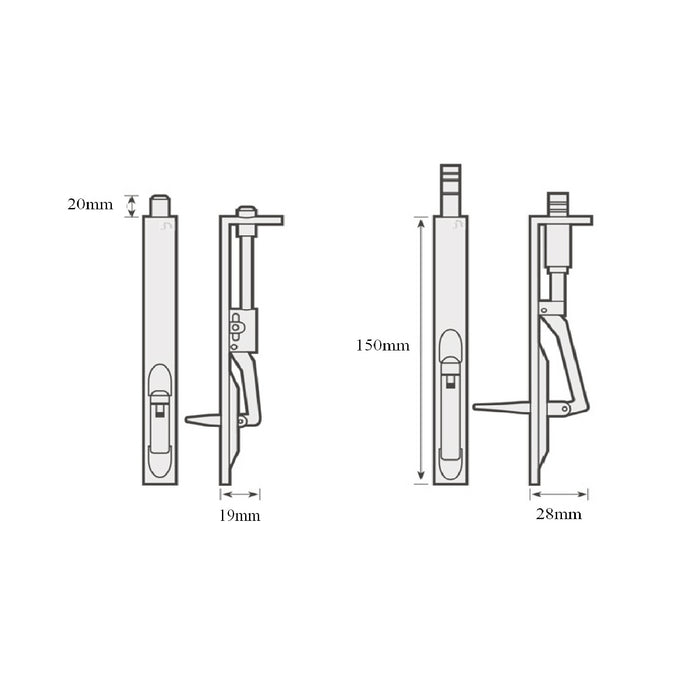 Flush Bolt Door Lock, Aluminium, 150mm Lever Slide Locking Action