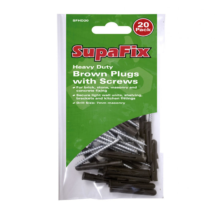 20 x Brown Raw Wall Plugs with Screws  Drill Size: 7mm