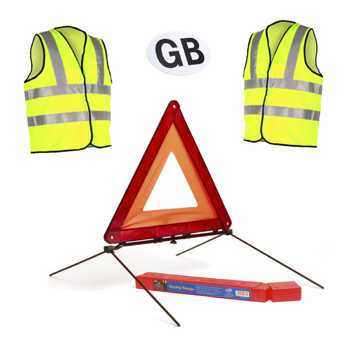 Large Reflective Warning Triangle  2 Safety Vests & GB Badge