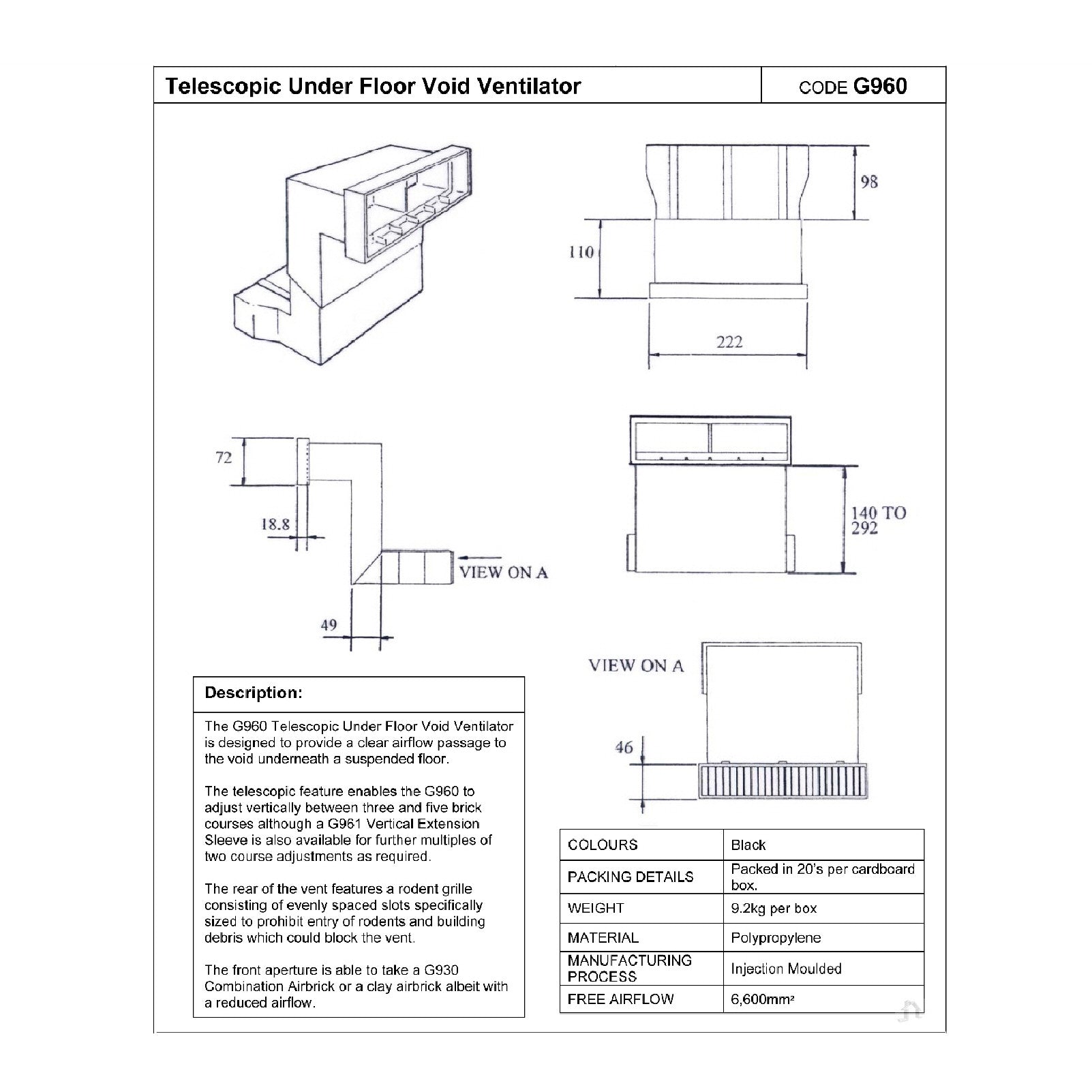 20 x Manthorpe Telescopic Adjustable Underfloor Cavity Wall Vents