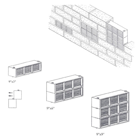 Black Combination Air Brick Vents 9" x 3" for Air Flow Ventilation / Menu Options