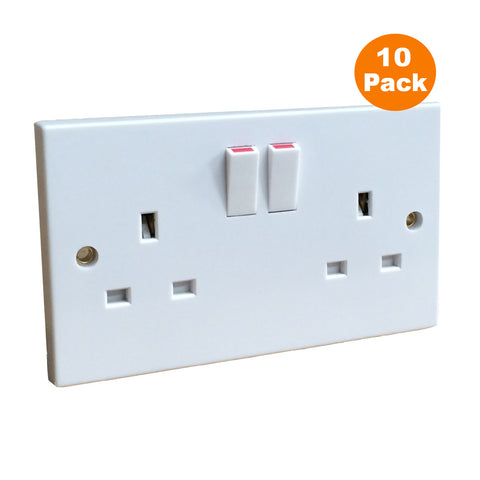 10 x White Double Wall Sockets 2 Gang Square Edge Trade Pack